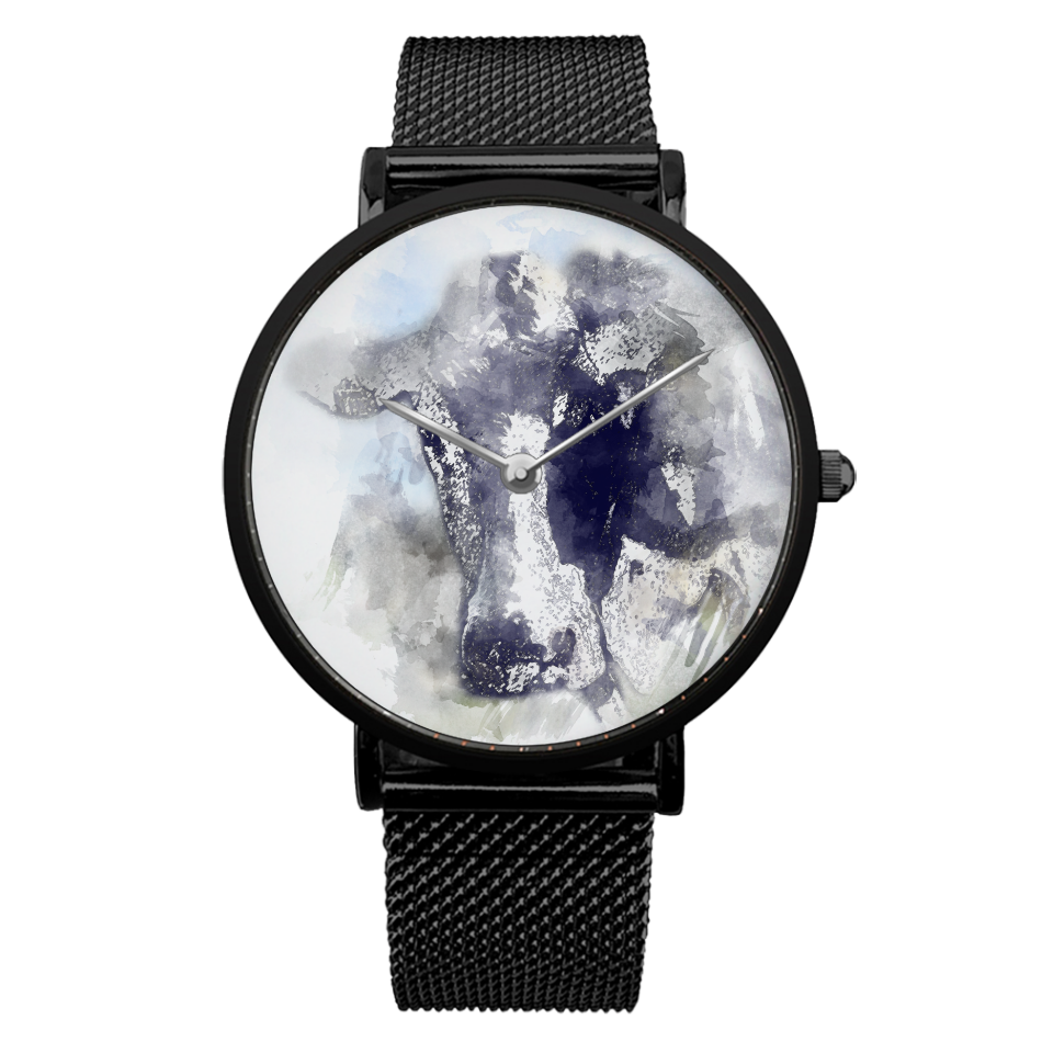 Watercolor Cow Fine Quartz Watches w Stainless Steel Wristbands