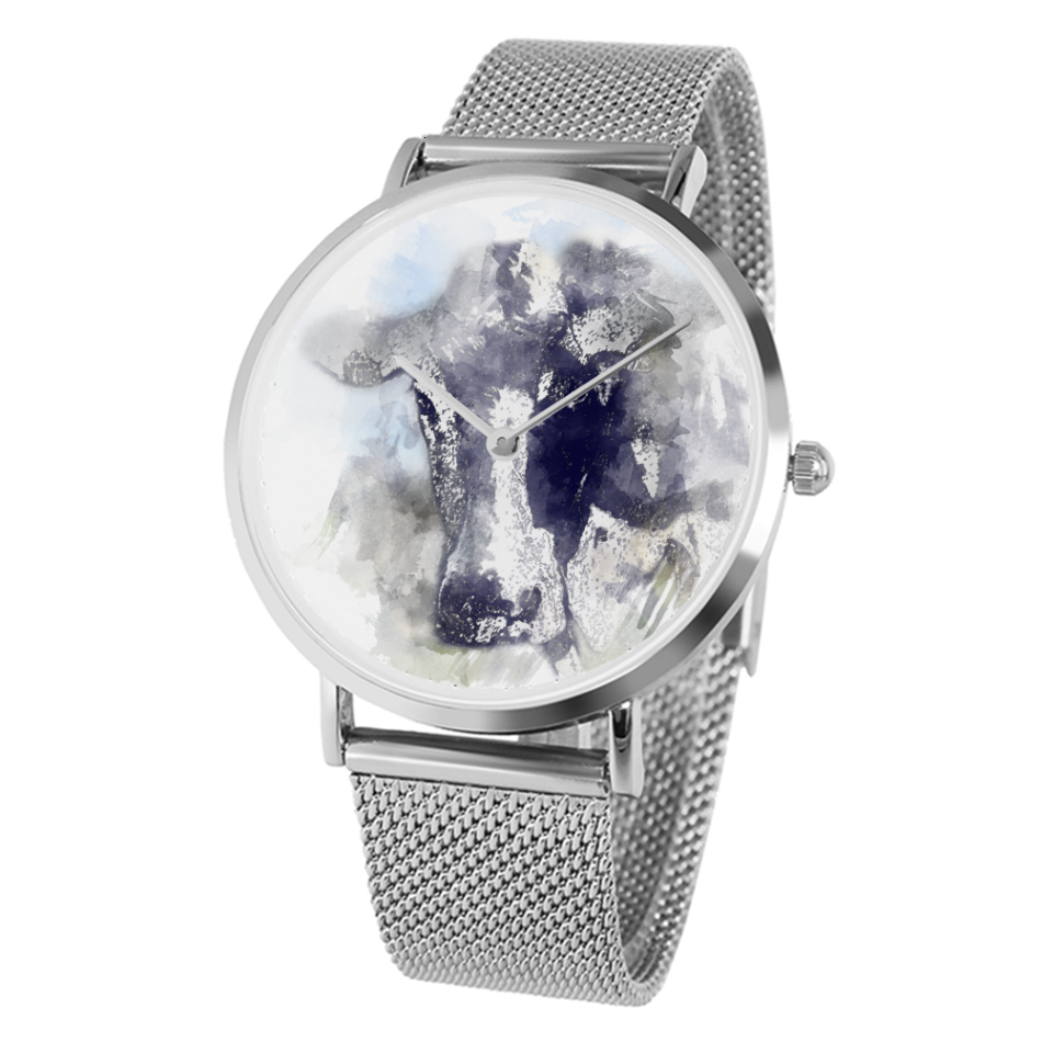 Watercolor Cow Fine Quartz Watches w Stainless Steel Wristbands
