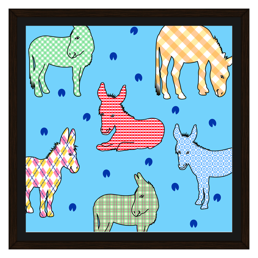 Donkeys In Gingham Blue Canvas Print with Solid Wood Frame. Custom Designs By Love My Barnyard.