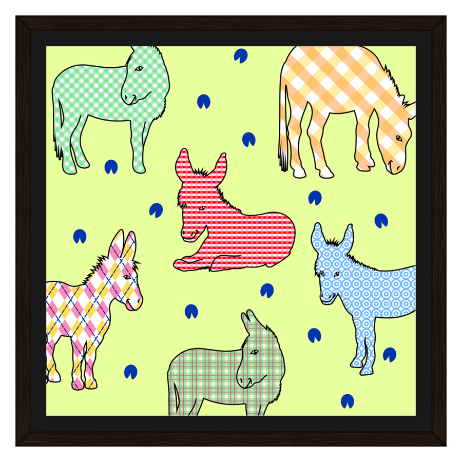 Donkeys In Gingham Canvas Print with Solid Wood Frame. Custom Designs By Love My Barnyard.