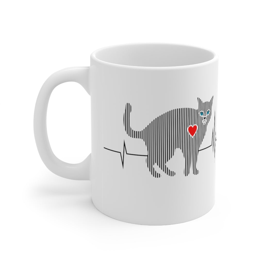 Cat Heartbeat Glossy White Coffee Mugs