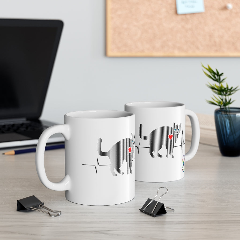 Cat Heartbeat Glossy White Coffee Mugs
